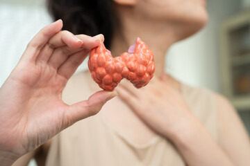 Hyperthyroidism, Overactive Thyroid, Thyroid Lymphoma, Asian woman with thyroid gland human anatomy model.