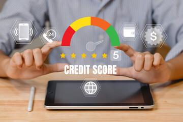 Credit score concept with digital interface, showing credit rating chart, value history, online financial check, business risk assessment, and fintech dashboard analytics for data-driven lending