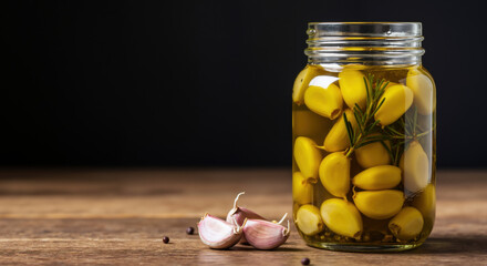 Glass jar with preserved garlic cloves in olive oil with rosemary on wooden table. Traditional food preservation method for culinary ingredients and mediterranean cuisine recipes