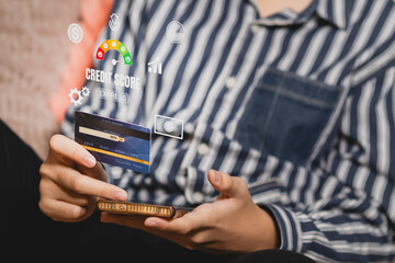 Online credit score ranking check with digital display, showing credit score icon, chart history,...