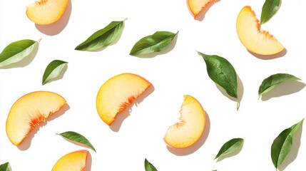 Obraz premium Peach slices and leaves pattern on white background