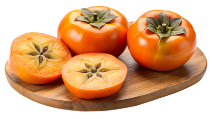 Delicious and colorful persimmons on a wooden board are ready to eat