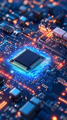 Fototapeta premium Abstract AI circuit board background featuring interconnected blue lines and electronic components on a tech-themed backdrop, including a computer motherboard with a chip, processor, and semiconductor