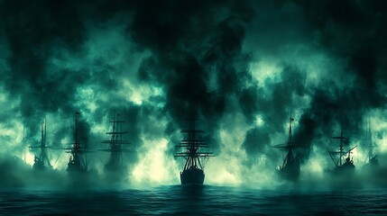 Mystical fleet of vintage sailing ships cruising through ominous ocean mist