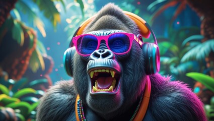 cool gorilla wallpaper with headphones and sunglasses, AI Generative
