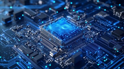 Obraz premium Abstract AI circuit board background featuring interconnected blue lines and electronic components on a tech-themed backdrop, including a computer motherboard with a chip, processor, and semiconductor