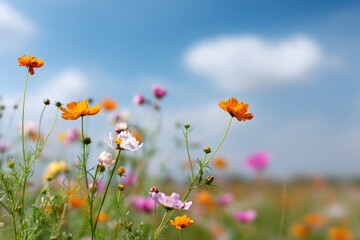 Vibrant wildflowers bloom under expansive blue sky, celebrating