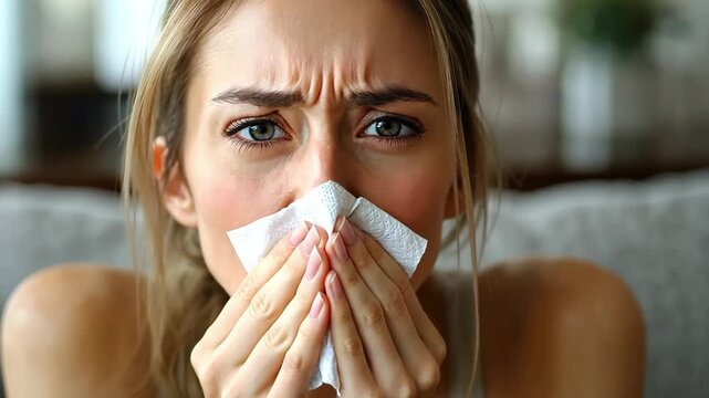 Emotional young woman with distressed expression holding tissue close to her face, conveying sadness or frustration in a relatable moment