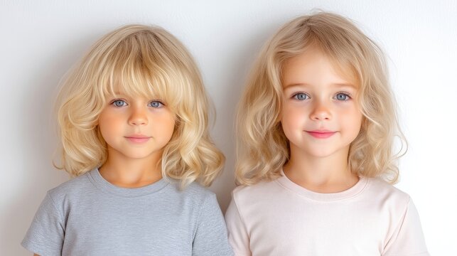 Two young blonde siblings standing side by side looking at the camera against a plain white background.