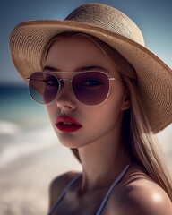 Fototapeta premium Woman with a straw hat and sunglasses is standing on a beach. She has red lipstick on and is looking at the camera