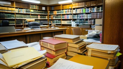 Fototapeta premium A court clerk organizing files in a courtroom, with a judgeâ€™s bench and legal books in the background.