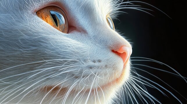 A close-up of a white kitten is face, illuminated with soft, natural light to highlight its curious expression and fine fur