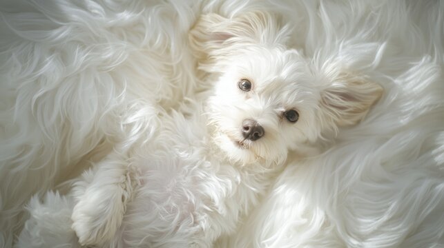 A top-down view of a white dog playing with a white toy on a clean white floor, illuminated by soft, diffused lighting