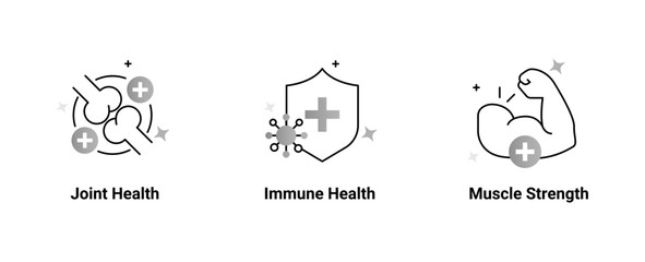 Health Support Icon Set – Joint Health, Immune Protection, and Muscle Strength Symbols for Wellness and Fitness Products