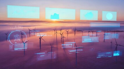 Sunrise over wind farm with digital overlays. - Powered by Adobe