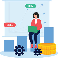 Woman Working on Laptop, Stock Market, Buy and Sell
