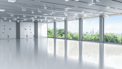 Empty office space or workspace with greenery view in city