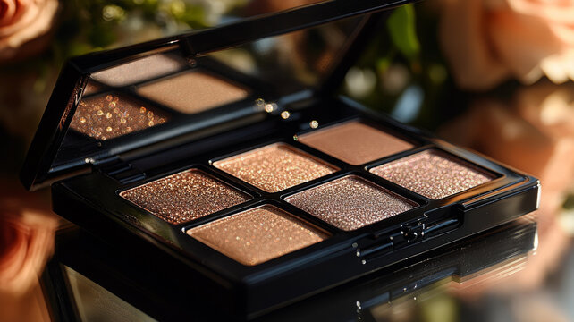 chic eyeshadow palette with metallic finish, showcasing shimmering shades in stylish case