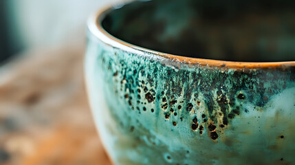 Close-up of artisanal pottery with rich glaze and natural crack patterns