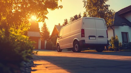 White Van Parked in Driveway at Sunset