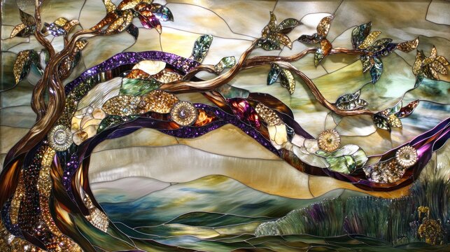 Stained Glass Tree of Life, Landscape Scene