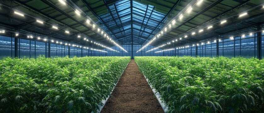 Large greenhouse filled with rows of cannabis plants growing - Powered by Adobe
