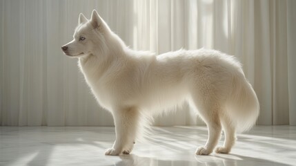 A front-facing shot of a white dog standing on a white marble floor, illuminated with soft, diffused lighting to highlight its fur details