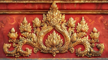 Fototapeta premium Exquisite Golden Thai Carvings on Vibrant Red Background Showcasing Intricate Artistry and Cultural Heritage