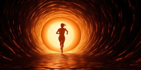 Fototapeta premium Woman Running Towards Bright Light In Tunnel