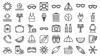 A set of black line art icons representing various summer vacation activities and elements