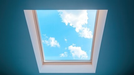 Bright skylight view reveals blue sky with fluffy white clouds. Use for hope, freedom, and upward mobility concepts.