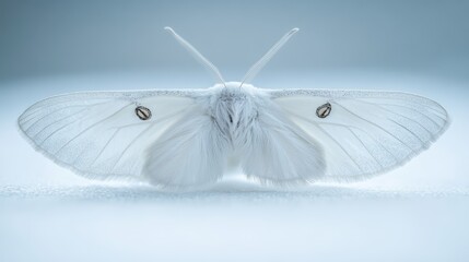 A macro shot of a white moth is wings resting on a white surface, illuminated with soft lighting to show the fine details