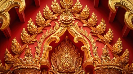Fototapeta premium Intricate Golden Thai Carvings Adorning Vibrant Red Temple Wall, Showcasing Cultural Craftsmanship and Artistic Heritage