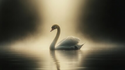 A front-facing shot of a white swan floating on a white lake, illuminated with soft, diffused natural light to capture its elegance