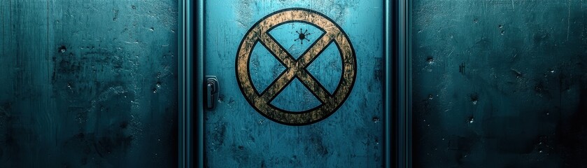 Biohazard Warning Symbol on Cleanroom Door Marking Caution for Safety in Laboratory Environment with Distressed Blue Texture
