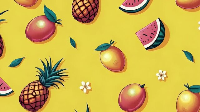 Seamless vector pattern of tropical fruits like pineapple, watermelon, mango, and papaya with bright summer colors on a solid background. Ideal for summer themes, packaging, or party invites.

