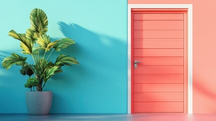Trendy interior: plant with green leaves by the turquoise wall and a salmon door. Use for minimalist design, promoting real estate, or creating fresh backgrounds.