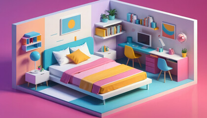 A vibrant, modern bedroom design featuring colorful decor, a comfortable bed, workspace, and playful accents in a stylized, 3D-rendered format.