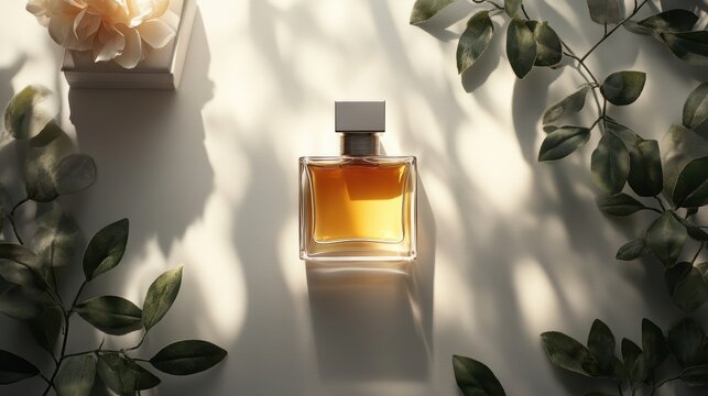 A top-down view of a luxury perfume bottle on a white vanity, with soft, diffused lighting to highlight the elegance of the packaging