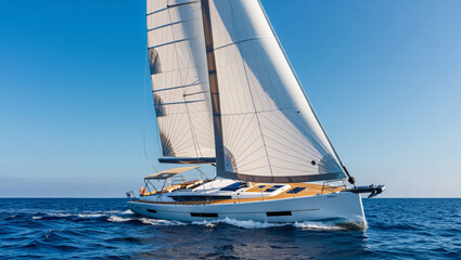 Luxury sailing yacht gliding over calm blue sea under clear sky &ndash; premium maritime travel, elegance and freedom on the water