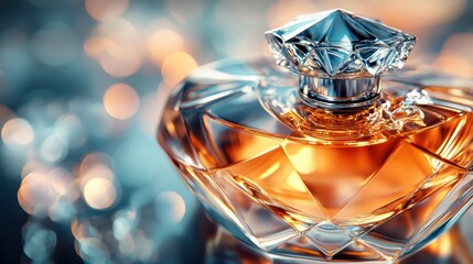 A macro shot of a glass perfume bottle with a sleek, angular design, illuminated with soft lighting to highlight the fine details of the bottle and the perfume inside
