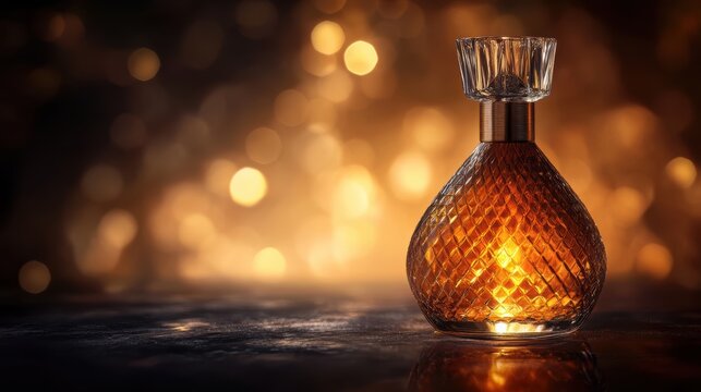 A macro shot of a high-end perfume bottle with a metallic design, illuminated by soft lighting to showcase the unique details and luxurious appearance