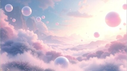Dreamy landscape of floating orbs in pastel animated mist dolly in camera
