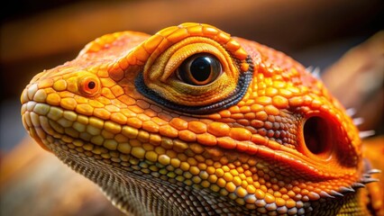Fototapeta premium Close-up profile view of a vibrant orange reptile, showcasing intricate scale details and a captivating eye