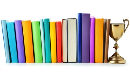 Colorful Books and Trophy on Display