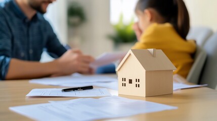 Family discusses home purchase, reviewing documents with house model