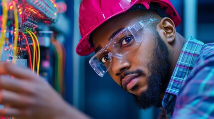 Technician Focusing on Electrical Wiring with Protective Gear in a Professional Environment