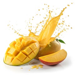 Floating mango slices with golden juice splash on white background &ndash; tropical fruit photo manipulation