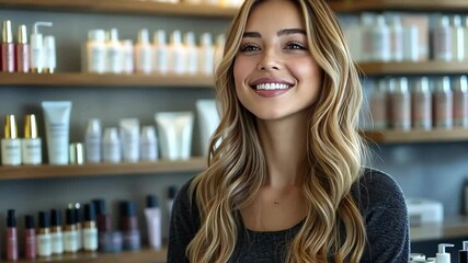 Young woman with long hair smiles brightly while discussing skincare products in a beauty store filled with various cosmetic items