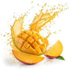Floating mango slices with golden juice splash on white background &ndash; tropical fruit photo manipulation